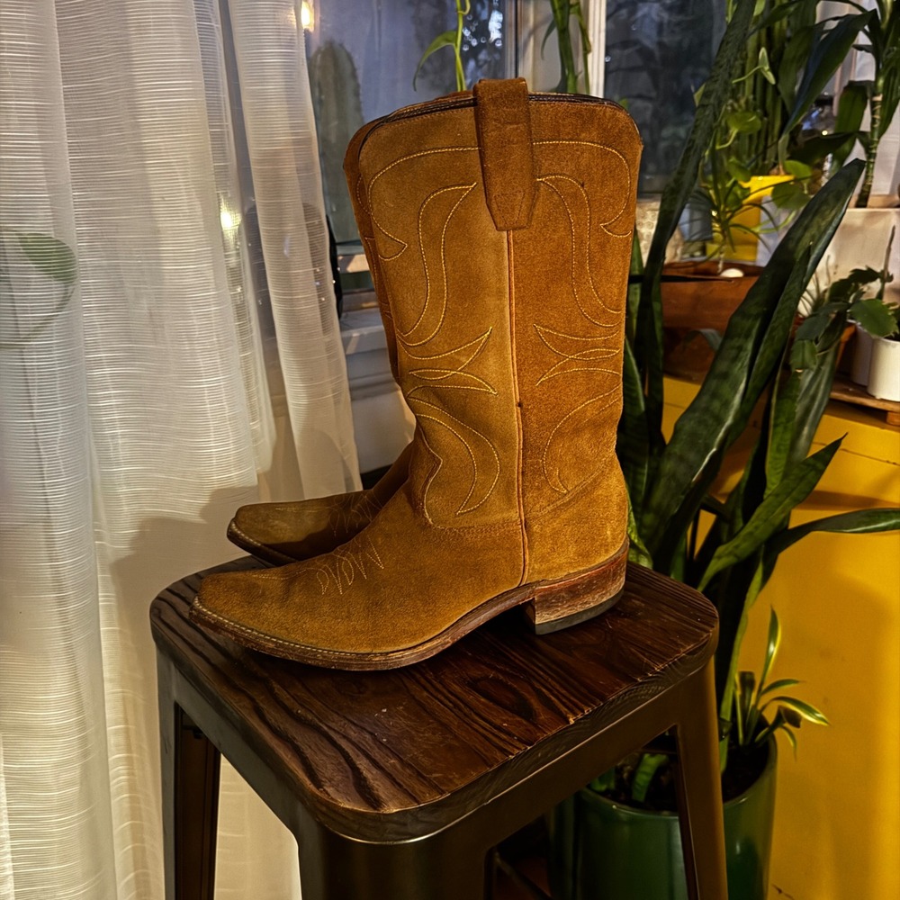 Maverick Suede Western Cowboy Boots Women Tan Brown Stitching‎ Pointed Toe
